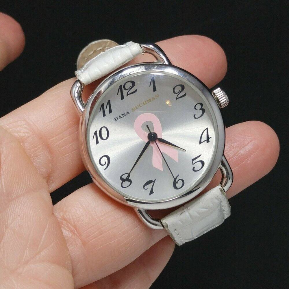 Dana Buchman Pink Ribbon White Faux Leather Watch, Breast Cancer Awareness
